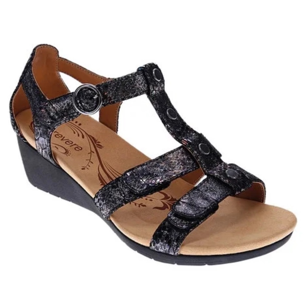 Revere Women's Black Metallic T-Strap Wedge Sandal